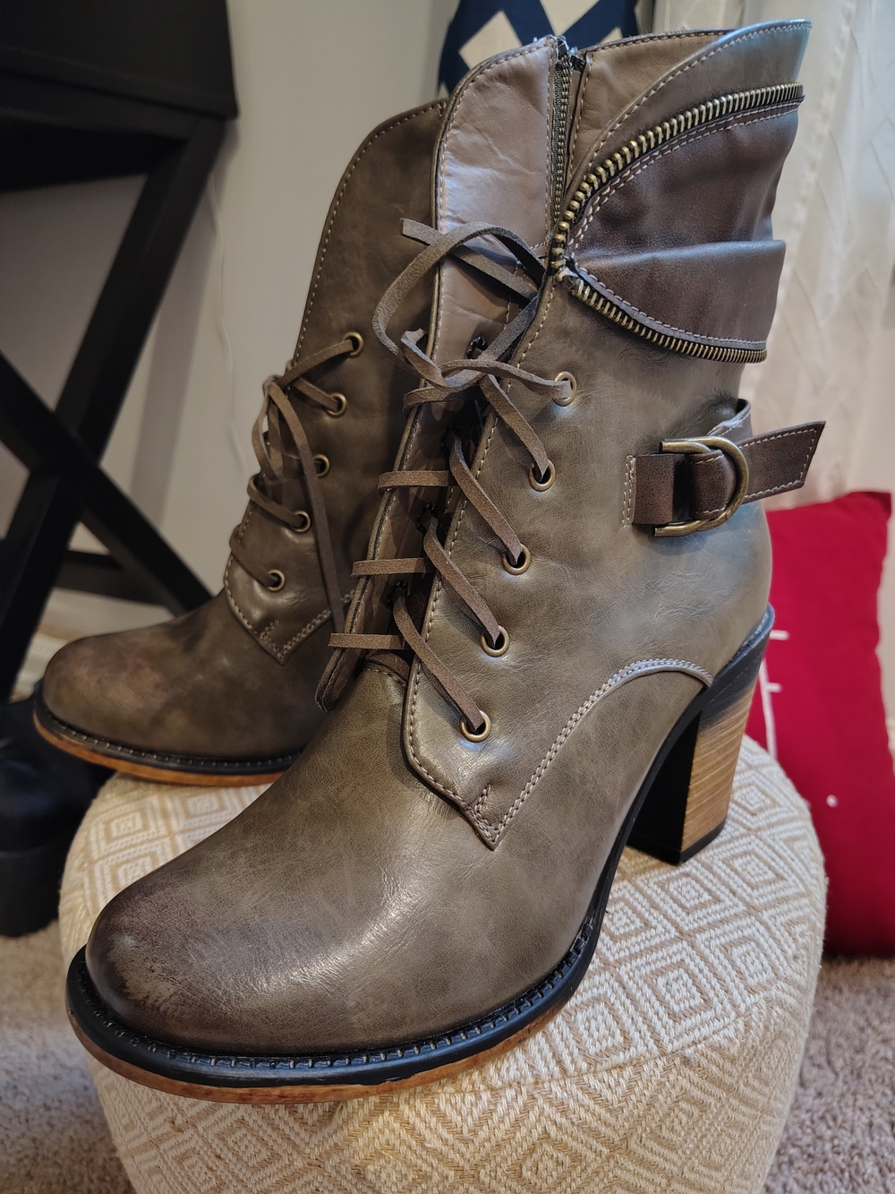 Pierre Dumas Olive Taupe Lace-Up Heeled Ankle Boots
